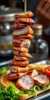 Stacked grilled sausages atop an artisan bun with fresh vegetables and sauces photo