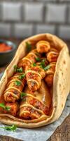Delicious chicken wraps served in a warm tortilla with fresh herbs and savory sauce photo