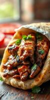 Savory grilled chicken wrapped in warm flatbread with fresh herbs and vegetables at a casual dining spot photo