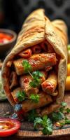 Delicious wraps filled with spicy sausages, fresh peppers, and herbs on a wooden table photo