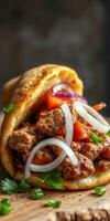 Juicy meat wrapped in soft flatbread with fresh onions and tomatoes showcased on a wooden surface photo