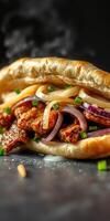 Savory grilled pork sandwich with caramelized onions and herbs served on a soft bun photo