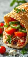 Fresh vegetable wrap with tomatoes, cucumbers, and herbs on a gray background photo