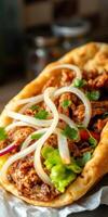 Delicious taco filled with marinated meat, fresh vegetables, and herbs served in a warm tortilla photo