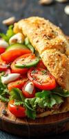 Freshly made sandwich with vibrant vegetables and crispy bread on a wooden cutting board photo