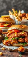 Delicious crispy chicken sandwich with fresh vegetables and fries served in a cozy restaurant setting photo