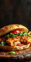 Delicious chicken sandwich with fresh toppings served on a wooden board with a dark background photo