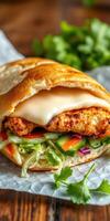 Delicious sandwich loaded with fresh vegetables and chicken fillet served in a soft bun on rustic wooden table photo