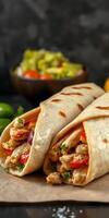 Delicious chicken wraps with fresh vegetables served with a side of guacamole and salsa photo