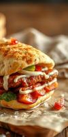 Delicious burger with fresh vegetables and spices served on a rustic wooden table photo