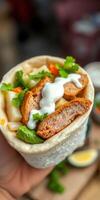 Delicious wrap filled with crispy chicken, fresh vegetables, and creamy sauce served on a cozy afternoon photo