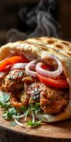 Grilled meat wrap with fresh vegetables served on a wooden board with steam rising in a cozy setting photo