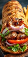 Delicious wrap filled with grilled meat, fresh vegetables, and flavorful herbs served on a rustic wooden board photo
