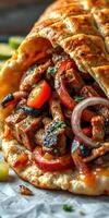 Mouthwatering wrap filled with grilled meat, fresh veggies, and savory sauces on a sunny day at a food market photo