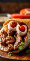 Delicious grilled meat wrap filled with fresh ingredients in a warm tortilla at a local eatery photo