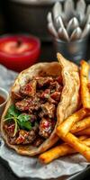 Delicious wrap filled with savory beef, served with crispy fries and sauce in a cozy dining setting photo