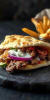 Delicious pita filled with grilled meat, fresh vegetables, and creamy sauce alongside crispy fries prepared in a cozy eatery photo