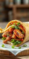 Freshly prepared tortilla wrap filled with grilled chicken, vegetables, and flavorful sauces ready to enjoy photo