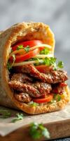Savory wrap filled with grilled meat, fresh vegetables, and herbs on wooden board in soft lighting photo