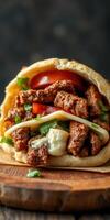 Delicious shawarma wrap loaded with seasoned meat, fresh vegetables, and creamy sauce ready to be enjoyed at a food stall photo