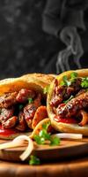 Flavorful street food featuring grilled meat served in warm buns with herbs and sauce photo