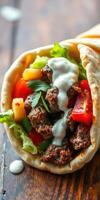 Freshly made wrap filled with grilled meat, vegetables, and yogurt sauce on a rustic wooden table in bright sunlight photo