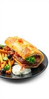 Delicious meat sandwich served with crispy fries and sauce on a black plate in a bright setting photo