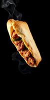 Delicious pita filled with spiced meat and vegetables appears to float in black background with steam rising photo