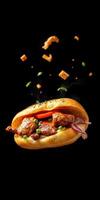 Savory meat sandwich with fresh vegetables and crunchy toppings captured in a dark setting photo