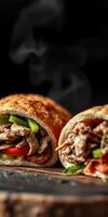Delicious wraps filled with grilled chicken and fresh vegetables served hot on a black background photo