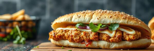 Crispy chicken sandwich served with fresh toppings and crispy fries on a wooden board photo