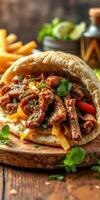 Savory grilled meat wrapped in warm pita bread with fresh vegetables and herbs on a wooden platter photo