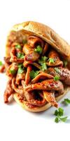 Savory sandwich filled with spicy meat and garnished with fresh herbs photo