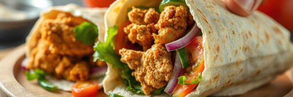 Delicious chicken wraps with fresh vegetables served in a cozy setting at lunchtime photo