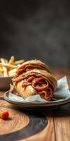 Juicy sandwich with tender meat and caramelized onions served with crispy fries at a cozy restaurant photo