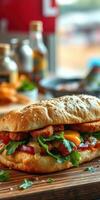 Delicious sandwich loaded with fresh vegetables and crispy filling on a wooden table in a cozy cafe setting photo
