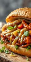 Juicy burger loaded with spicy toppings served on a rustic wooden board photo