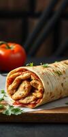 Delicious chicken wrap with fresh tomatoes and herbs served on a wooden board in a cozy setting photo