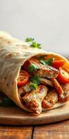 Delicious chicken wrap filled with fresh ingredients and vibrant flavors at a casual dining spot photo