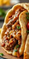 Savory grilled meat wrapped in warm flatbread served with fresh cilantro and tomatoes photo