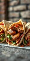 Savory wraps filled with grilled meat and fresh toppings on a rustic table in a cozy eatery photo