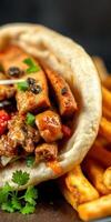 Juicy grilled chicken served in flatbread with crispy fries on the side photo