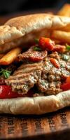 Savory grilled meat wrap served with crispy fries and fresh vegetables at a bustling street market photo