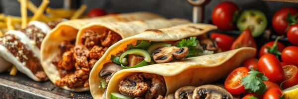 Vibrant display of freshly prepared wraps and colorful vegetables in a lively restaurant setting photo