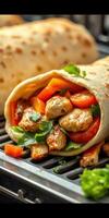 Delicious chicken wrap packed with fresh vegetables and cilantro served on a grill photo