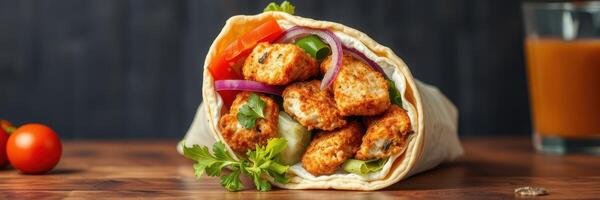 Deliciously wrapped chicken fajita with fresh vegetables and herbs on wooden table photo