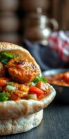 Flavorful stuffed bread with savory meatballs and fresh vegetables served on a rustic table photo