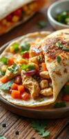 Delicious chicken burrito with fresh vegetables and cilantro served on wooden table photo