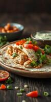 Delicious chicken wrap served with fresh vegetables and sauce on a rustic wooden table photo