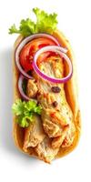 Grilled chicken wrap with fresh vegetables served on a plain white background for a vibrant meal presentation photo